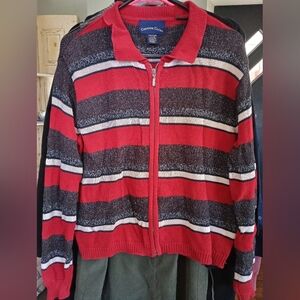 Charter Club Red and Black Striped Zip-Up Sweater